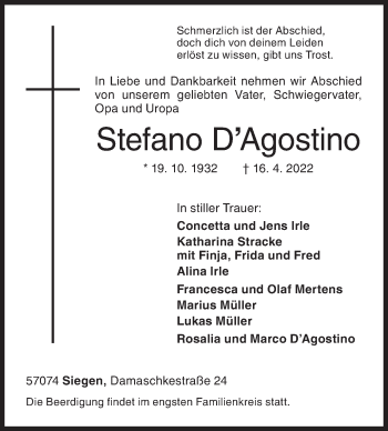 Traueranzeige von Stefano D`Agostino von Siegener Zeitung